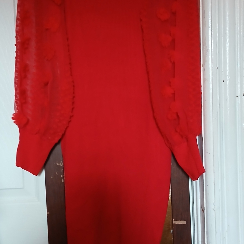 Elegant Red SWEATER Dress with Sheer Sleeves